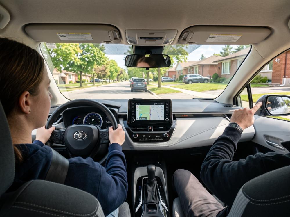 Student driver practicing safe navigation on a quiet suburban street in a training vehicle