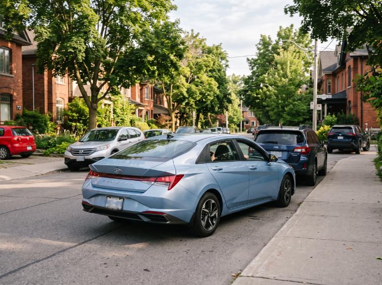 Driving school car positioned perfectly during a parallel parking lesson in an urban setting
