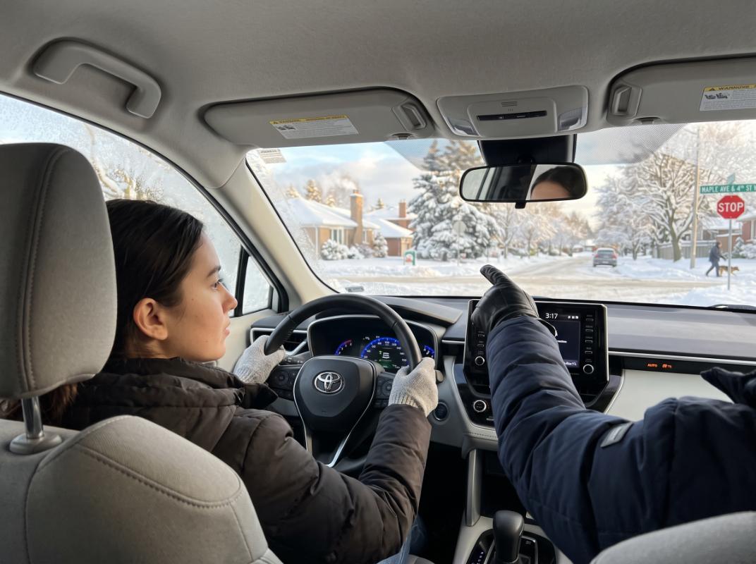White training vehicle being driven safely on a snow-covered road during a winter driving conditions lesson